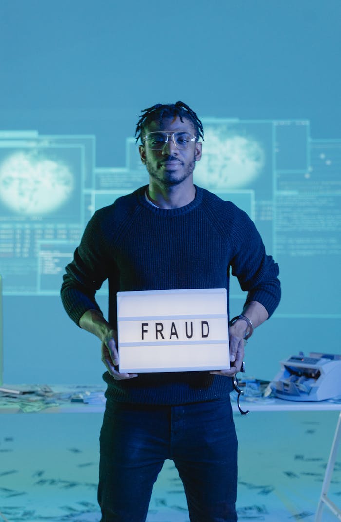 Man Holding a Sign that Says Fraud